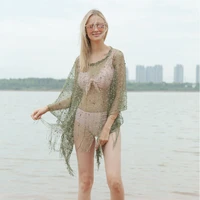 women summer glitter tassel shawls beach cover sexy mesh hollow ponchos luxury ladies bikini blouse sunscreen wraps 2022