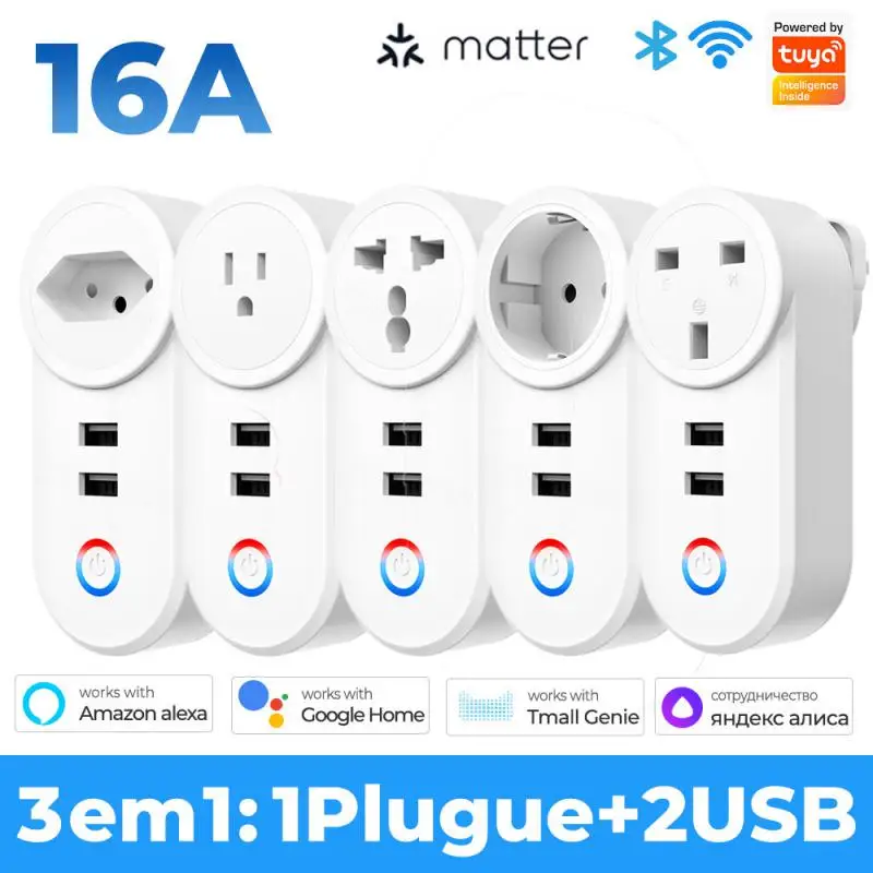 

16A Tuya Matter WiFi Smart Plug With 2 USB Charger EU US AU UK BR Outlet Adapter Smart Life Control Socket Via Alexa Googlehome