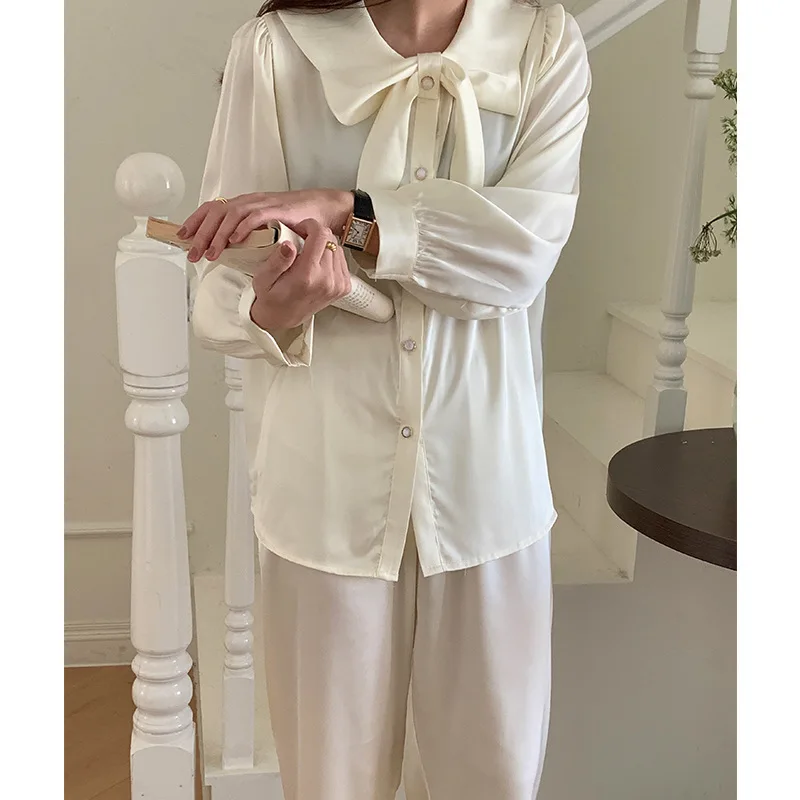 2023 New Arrival Spring and Autumn French Style Bow Ice Silk Pajamas Women's Long-Sleeved French Style Outerwear Home