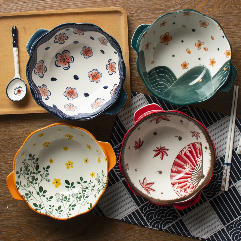 

Large 1200ml Double Ear Ceramic Bowls Creative Japanese-Style Flower Print Deep Noodle Bowl Ramen Soup Bowl Kitchen Tableware