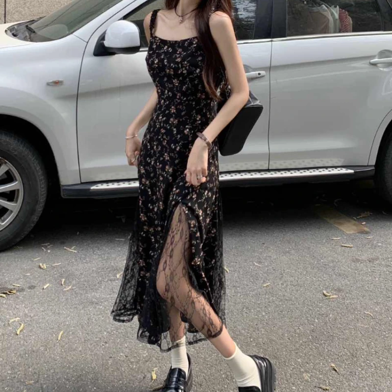 

Summer New Y2k Retro Black Floral Dress Women Korean Version Mesh Irregular Slit Sling Long Chiffon Fairy Dress Sexy Streetwear