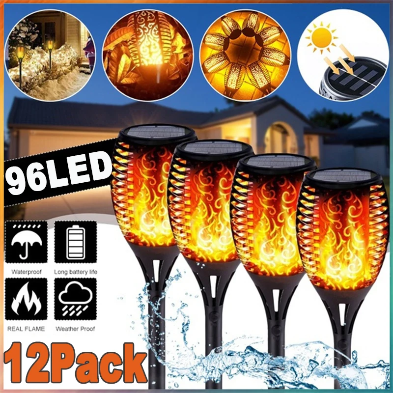 1/2/4/6/8/10/12Pcs Solar Flame Torch Light Flickering Light Waterproof Garden Decoration Outdoor Lawn Path Yard Patio Floor Lamp