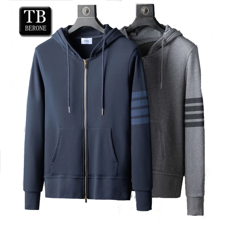 

TB BERONE Men's Webbing Hoodie Trend Sports And Leisure Four-bar Striped Cotton Sweater Zipper With Cardigan Thom Couple Brand