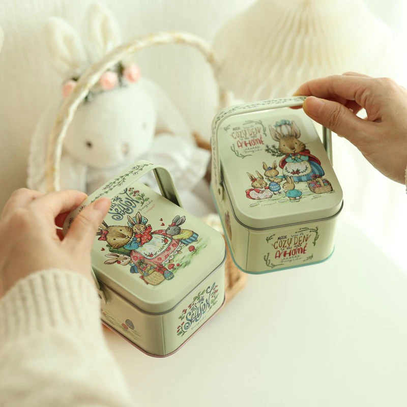 Cartoon Rabbit Pattern Good Sealing With Handle Vintage Gift Giving Portable Easter Cookie Gift Tins For Holiday