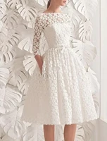 wedding dresses jewel neck knee lace 34 length sleeve vintage with sashes ribbons appliques vestidos de fiesta para bodas