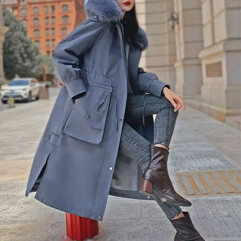 Fox Fur Collar Parker Mid-length Hooded 2022 Winter New Rabbit Fur Inner Bile Fur Coat for Woman