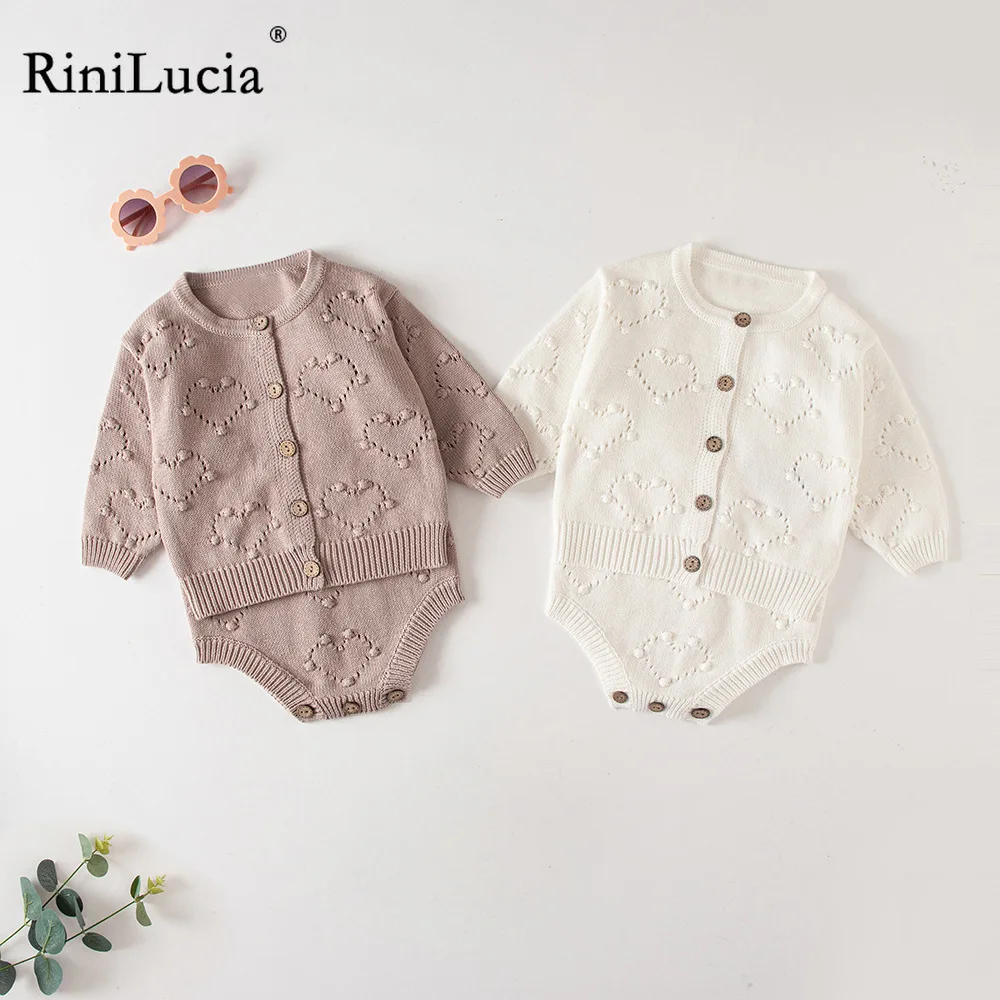 

RiniLucia 2022 Autumn Baby Suits Clothes Sweater Solid Color Hollow Out Cotton Knitted Romper + Coat Two-piece Suit Set Winter