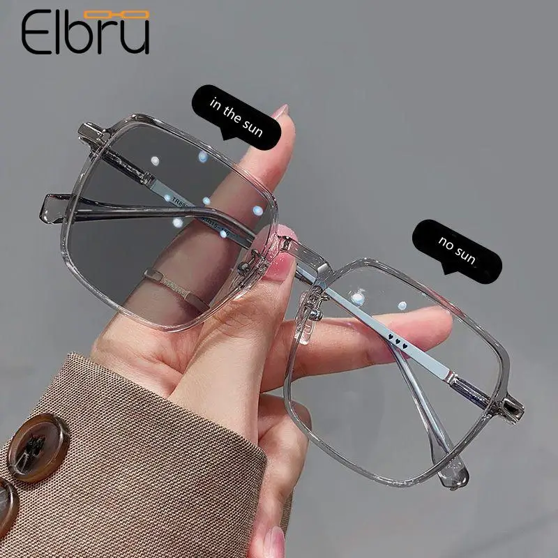 

Elbru Photochromism Myopia Glasses Women Men Anti Blue Light Big Frame Nearsighted Glasses Unisex Discoloration Myopic Eyewear