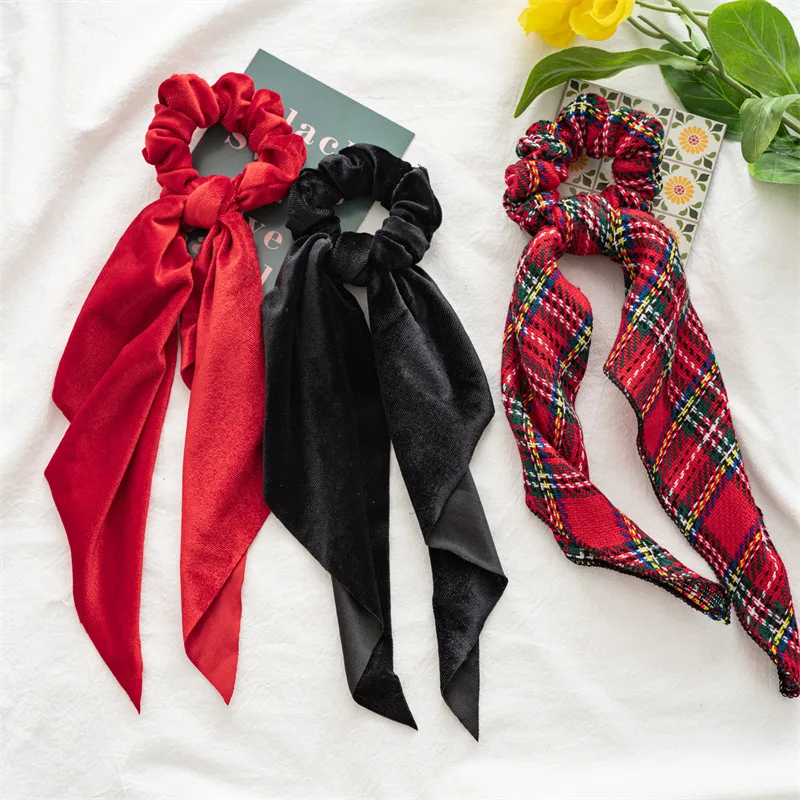 

20Pcs/Lot, Christmas Tartan Prints Scrunchies Long Hair Rope Korean Hair Ties Women Ponytail Scarf Sweet Elastic Hair Band Girls