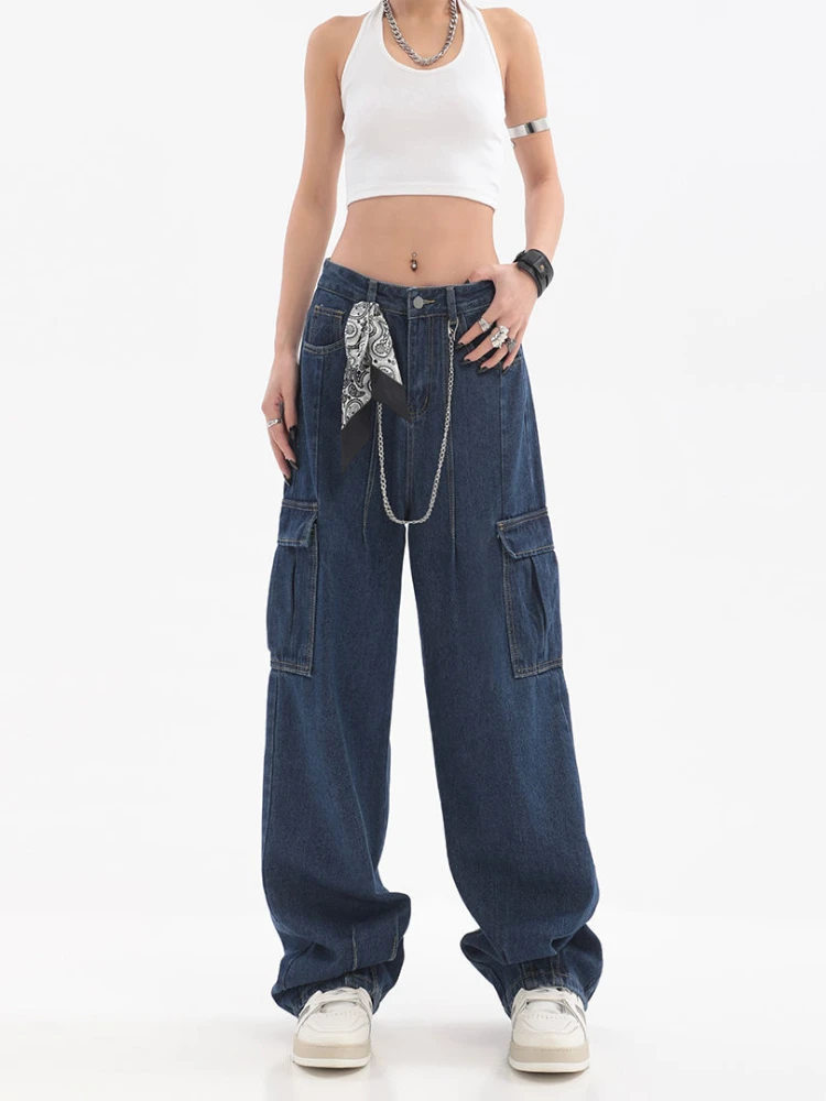 ADAgirl High Waisted Jeans Women Streetwear Vintage Baggy Multi-pocket Blue Wide Leg Cargo Pants Y2k Casual Mujer Denim Trousers