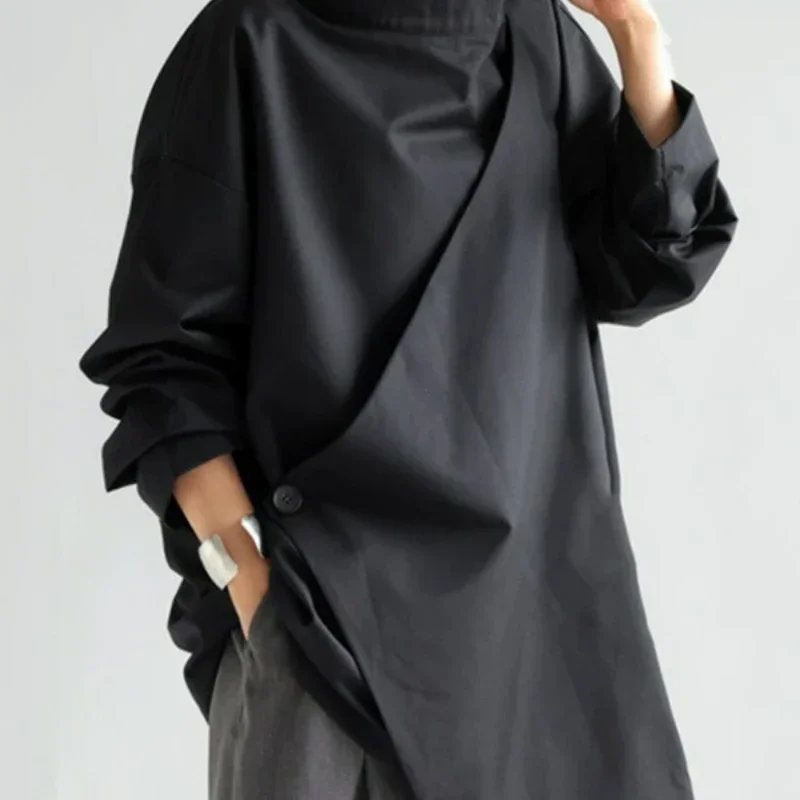 2024 новые черные свободные футболки с длинными рукавами и высоким воротом топы