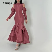 verngo bean paste taffeta mermaid prom dresses high neck long sleeves tiered skirt ankle length evening party gowns women