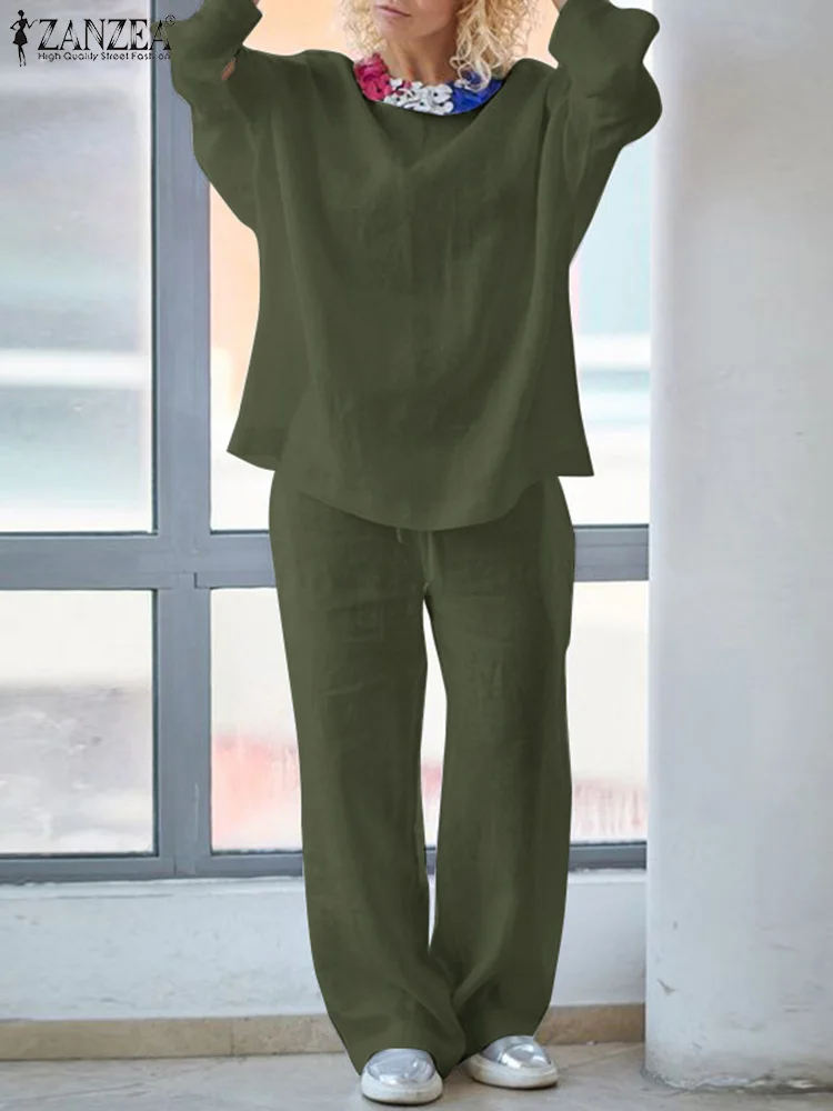 

Осенние модные костюмы ZANZEA из 2 предметов, блузка с длинным рукавом и широкие брюки, Повседневный хлопковый Однотонный женский спортивный костюм, одежда большого размера