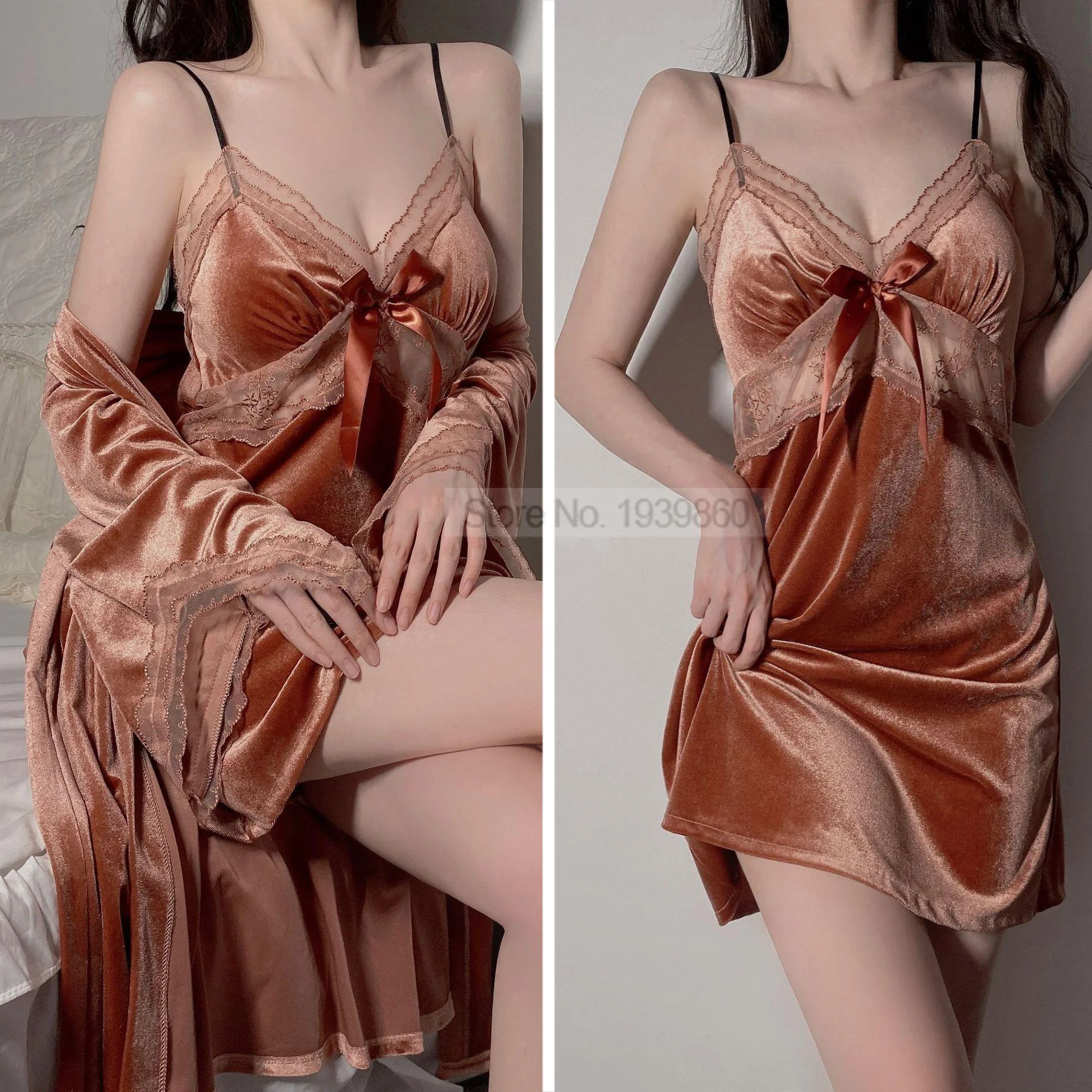 

Female Velour Lace Strap Nightgown With Bowknot Two Pieces Sleep Set V-Neck Robe Suit Perspective Nightgown Autumn Bathrobes