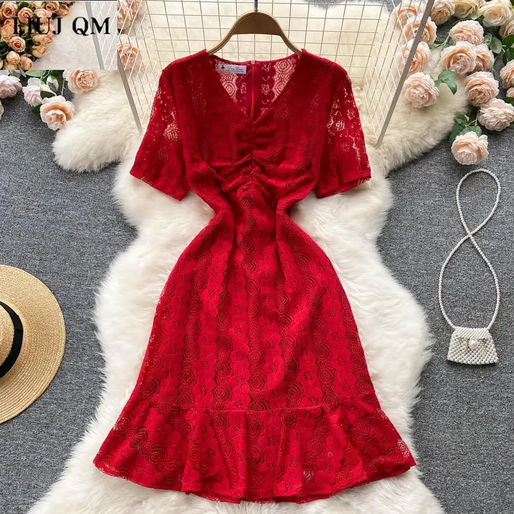 

Женское кружевное платье с V-образным вырезом, коротким рукавом и оборками