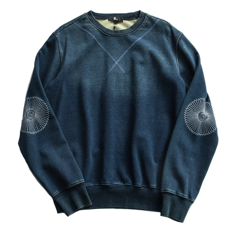 

A/W Autumn and Winter New Japanese Men's Wear Washed Used Blue Dyed Cotton Terry Pullover Chrysanthemum Embroidery Loose Hoodies