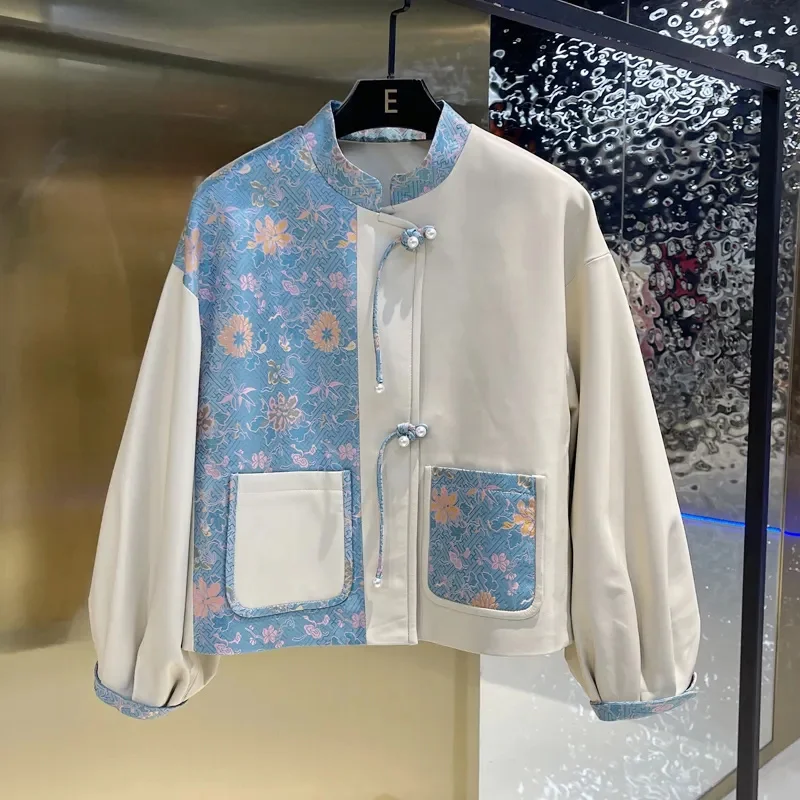 

2023 New Stand Collar Brocade Chinese Button Knots Bell Sleeve Genuine Leather Clothes Women's Short Coat