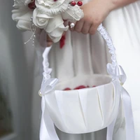 1pc white wedding flower basket flower girl basket silk satin bowknot rose petal flower basket wedding party ceremony decoration