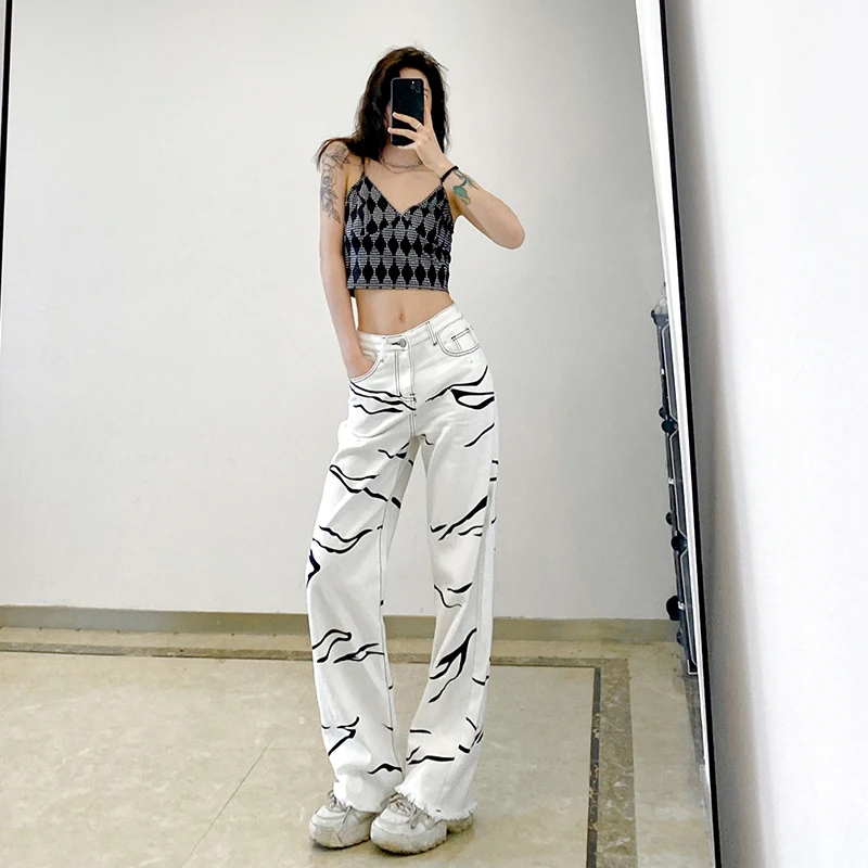 

Spring Summer Streetwear Baggies Jeans Loose Straight Tube Burrs Printed White Punk Y2k Pants Cargo Trousers Women's Clothing
