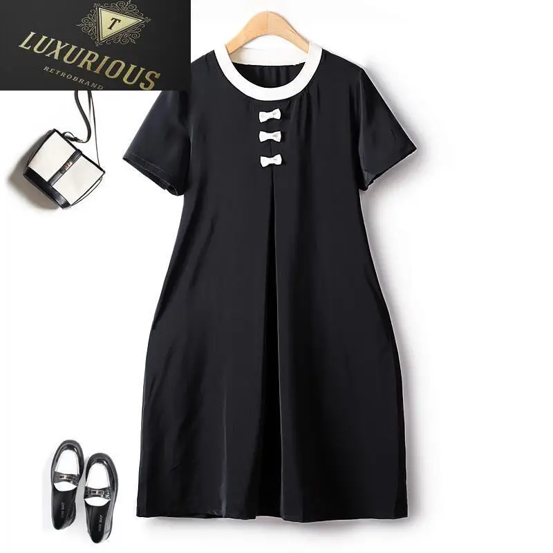 

Красивые платья для женщин, новинка 2023, с бантом, круглым вырезом и атласной ручкой, ТРАПЕЦИЕВИДНОЕ свободное шифоновое модное женское платье в Корейском стиле с коротким рукавом