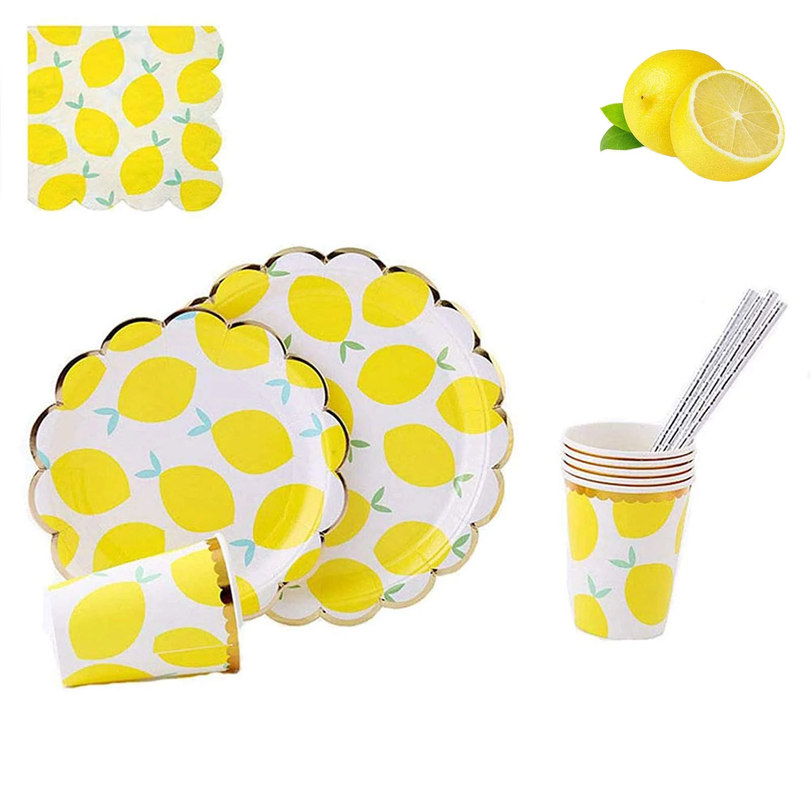 

Набор одноразовой посуды в вечерние лимона, тарелки, чашки, соломинки и салфетки, Тарелки десертные на 20 персон для вечеринки в честь Дня Рож...