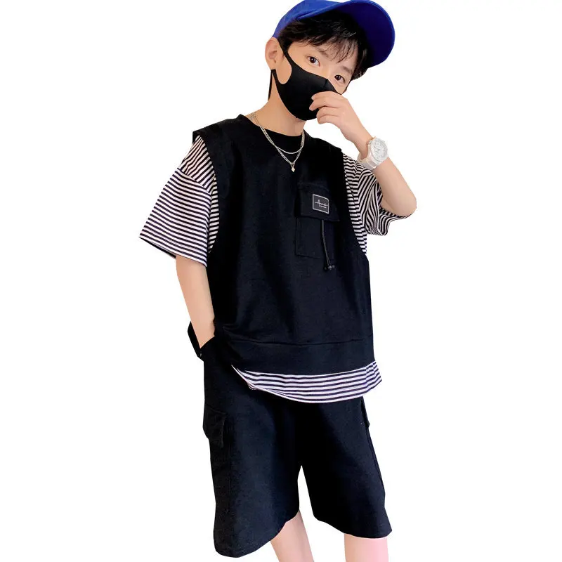 

2022 Summer Kids Boy Clothes Tracksuit Short Sleeve Fake Two Piece T Shirt+Shorts Cotton Clothing Sets 5 6 7 8 9 10 11 12 13 14Y