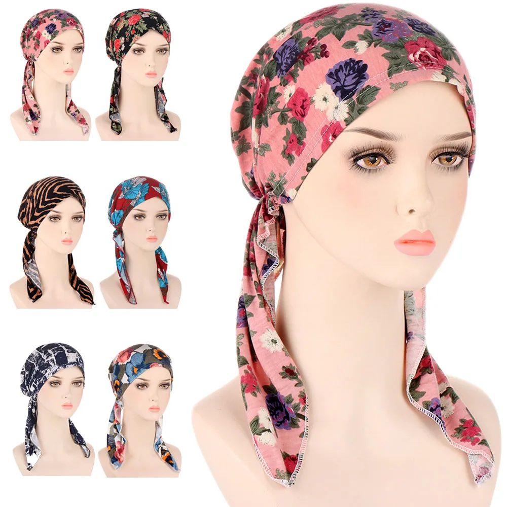 

Muslim Women Strech Pre-Tied Print Hijab Chemo Caps Bandana Inner Hat Bonnet Hair Loss Beanies Cancer Headwrap Turbante Mujer