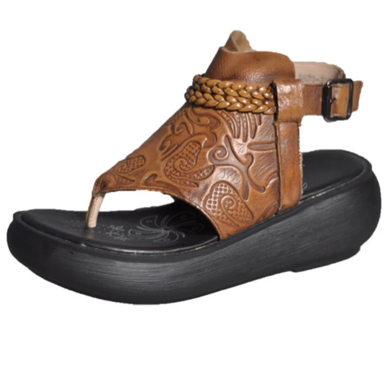 

6.5cm Elegance Cow Genuine Leather Women Sandals Slippers Fashion Buckle Platform Wedge Designer Summer Luxury Authentic Shoes