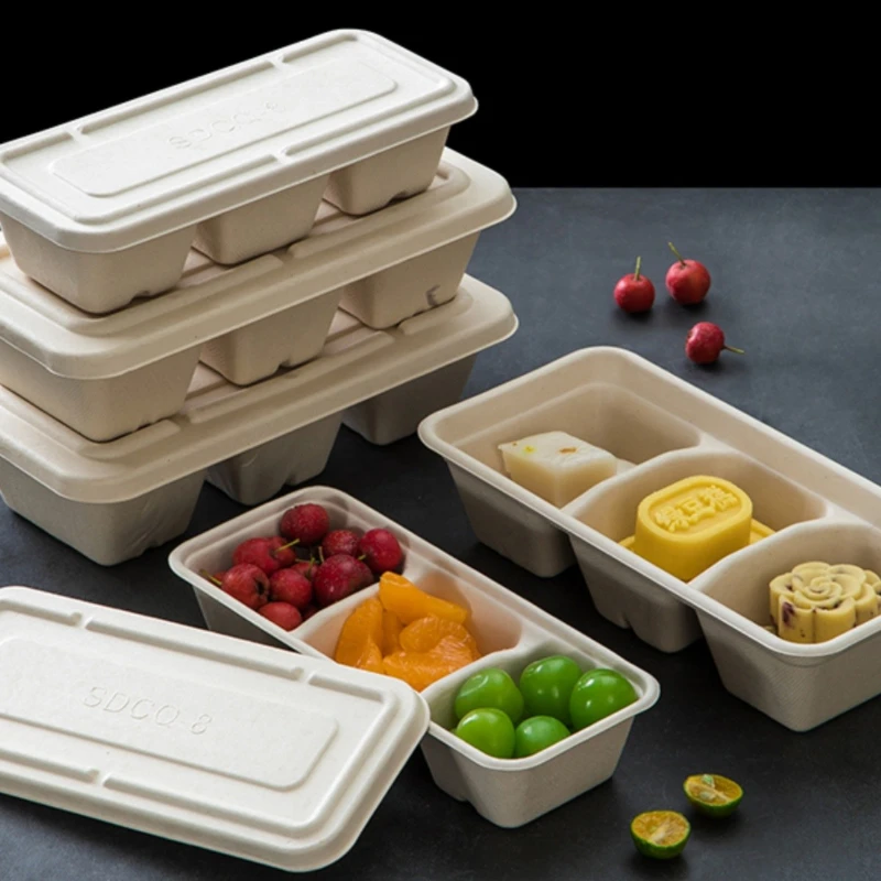 

Long Japanese Three Grid Lunch Box Pulp Degradable Packaging Box Environmentally Friendly Takeout Sushi Bento Box, Cream Box