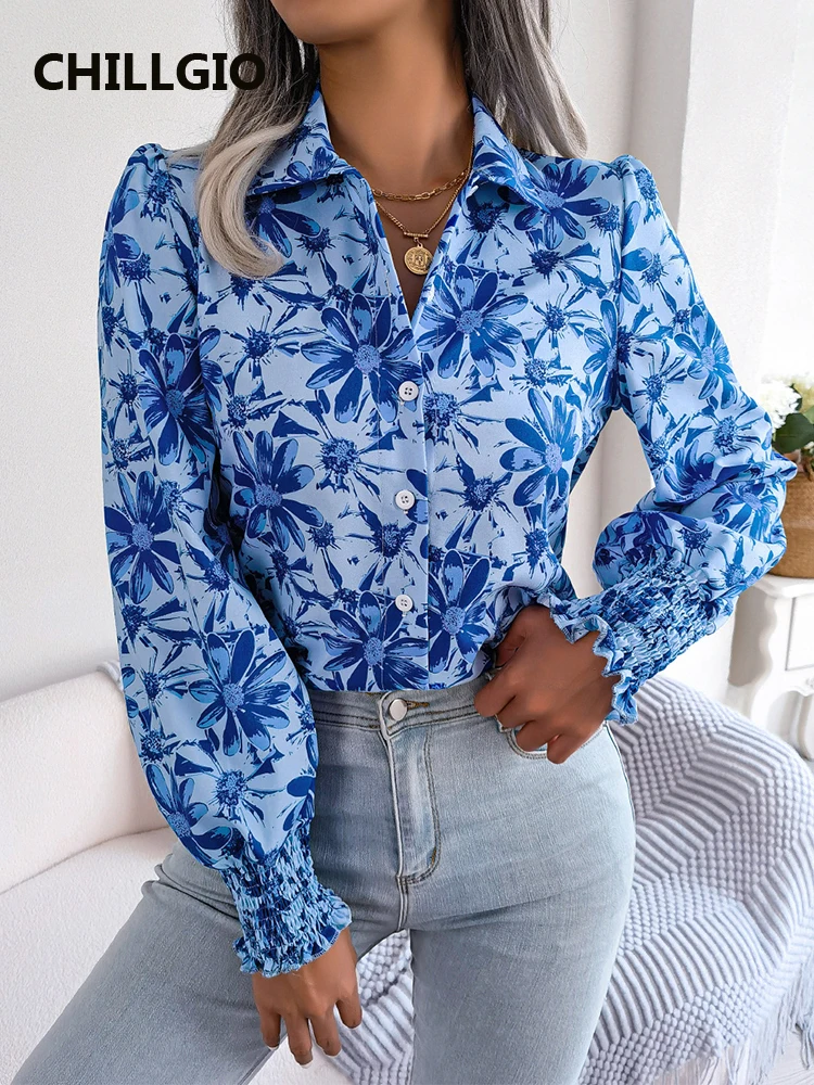 

Женская шифоновая блузка с отложным воротником, длинными рукавами-фонариками и цветочным принтом