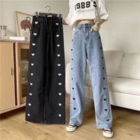 womens jeans button high waisted jeans for women trousers for girls wide leg jeans long pants high waist embroidered heart