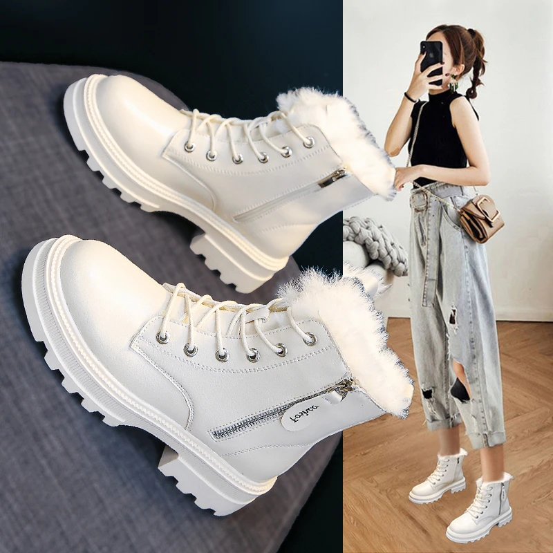 

Winter Leather White Snow Boots Women Shoes Female Thick Sole Fashion Warm Plush Waterproof Booties Botines Mujer Femmes Bottes