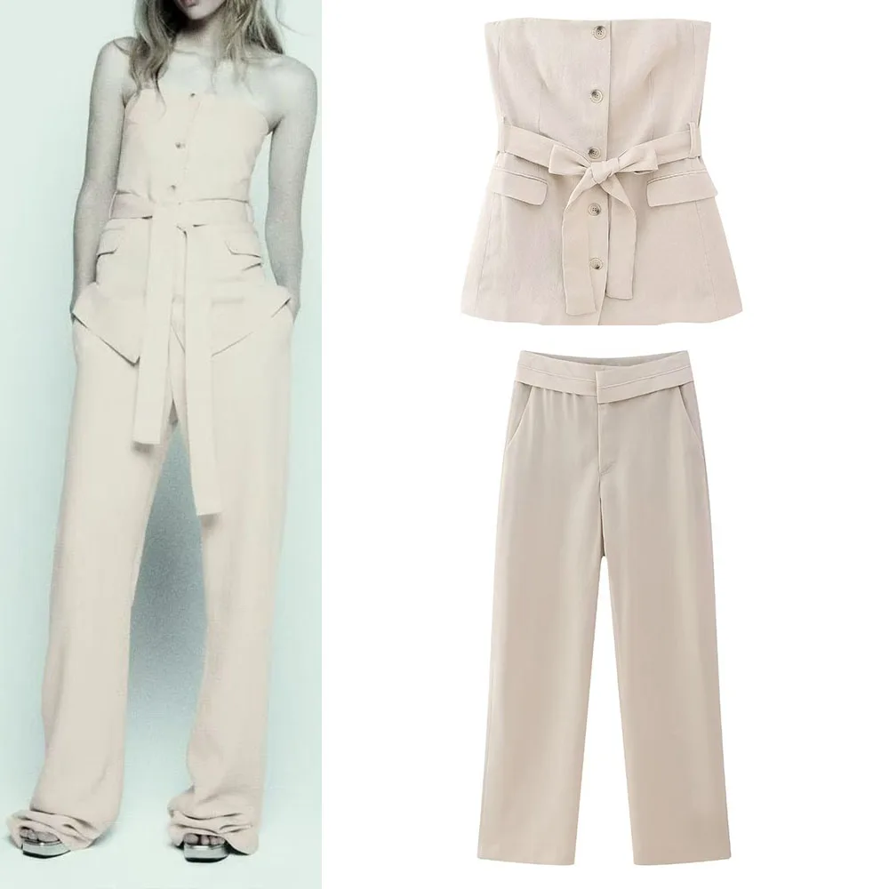 

The new women's clothing is casual, sexy and energetic, with the same fabric bow belt and belt tube top + trousers