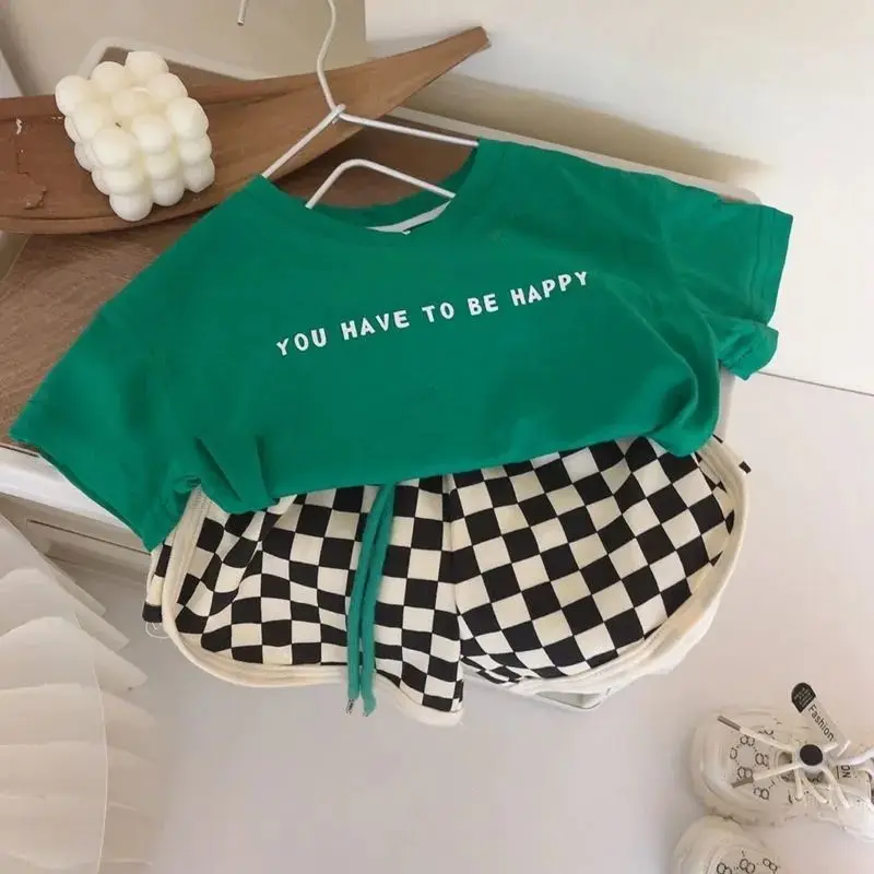 

Casual Kids T-shirts Clothes Girls Summer Suits Letters Print Short Sleeve T-shirts+plaid Shorts 2pcs 1-7y Children Clothing