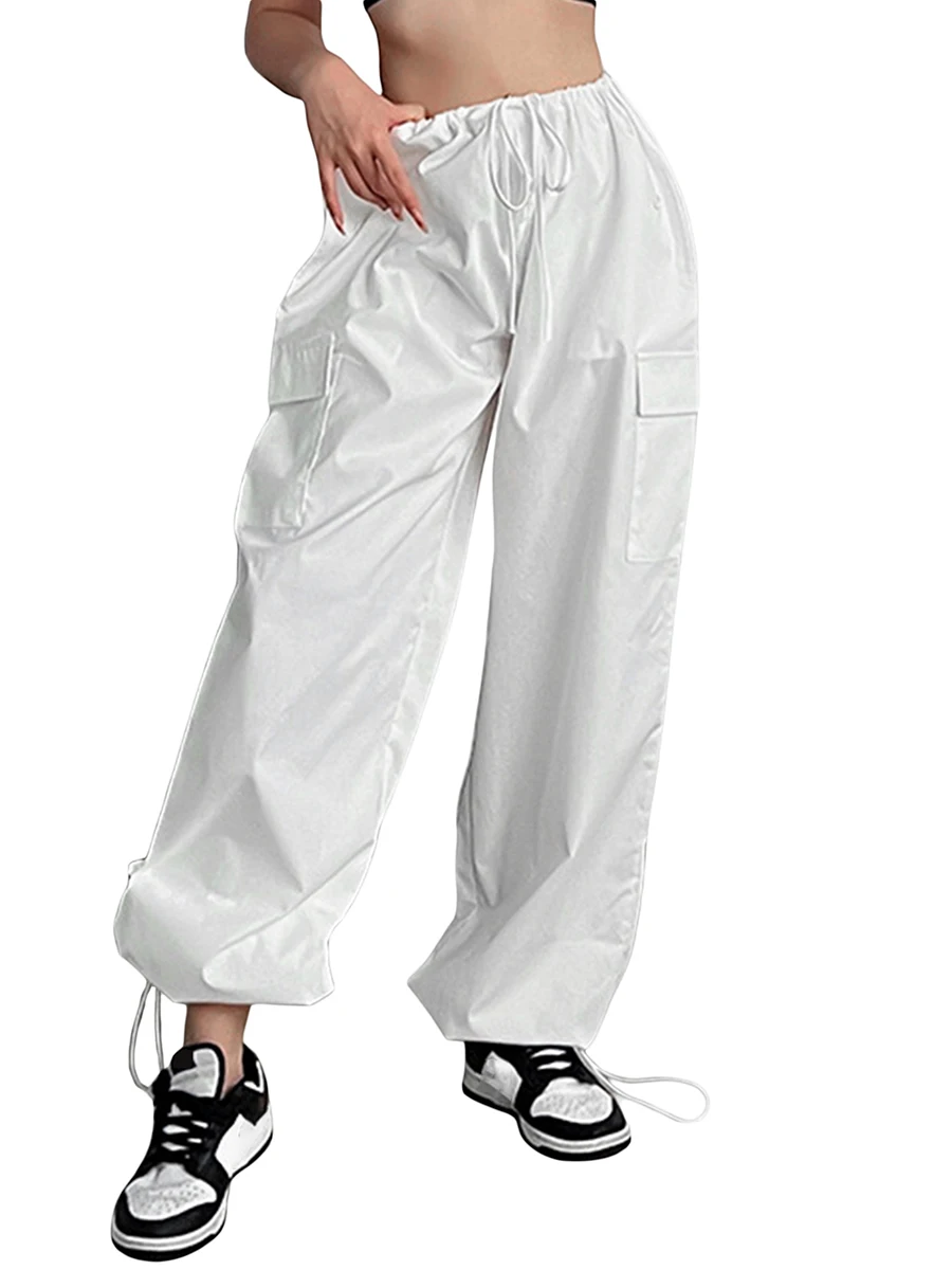 Women Y2K Baggy Cargo Pants Low Rise Wide Leg Parachute Pants Relaxed Fit Vintage Drawstring Track Pants with Pockets (C White