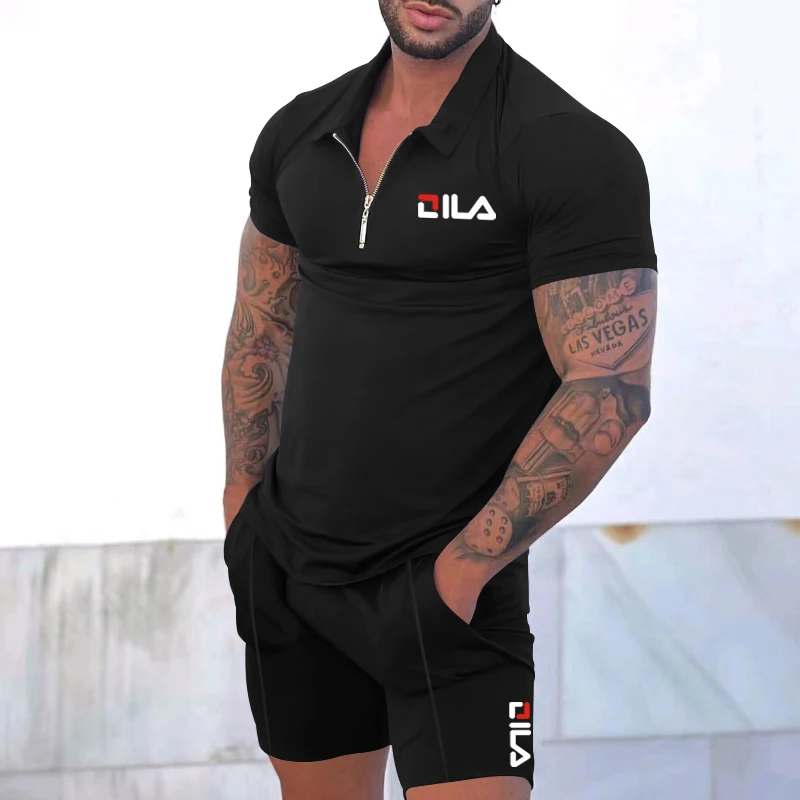 New Men's Trackwear Set Summer Short Sleeve Thin Polo Shirt + Sport Shorts 2 Pieces Men's Solid Set Casual Jogging Sportswear