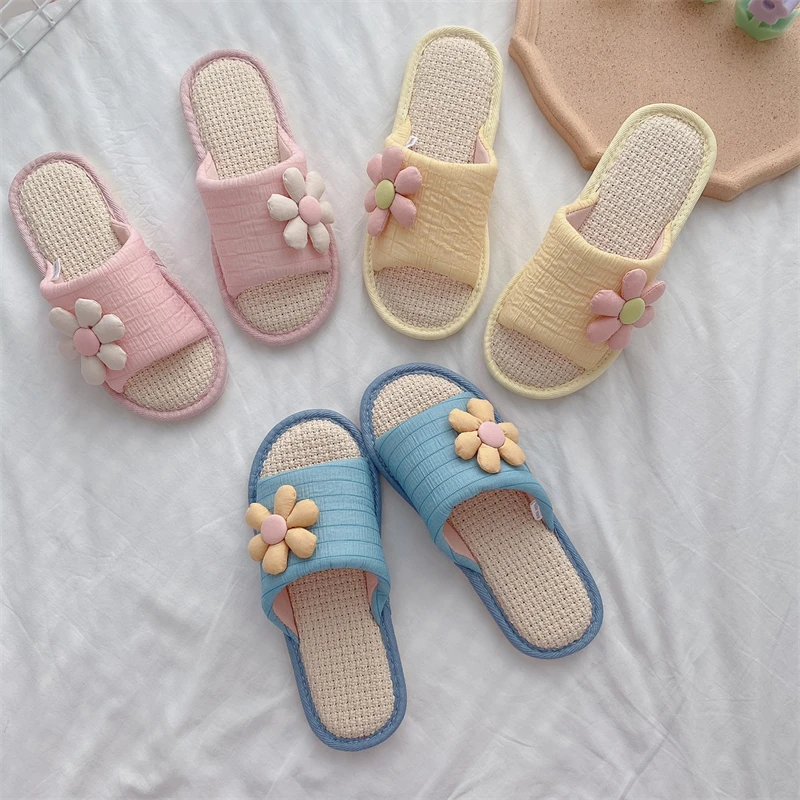 Cute Flower Slippers Solid Color Indoor Slippers Open Toes Lady Girl Flax Home Shoes Comfortable Flat Sweaty Non-slip Summer images - 6
