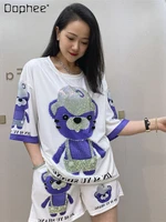 summer outsfits round neck short sleeves t shirt casual suit female new bear printed rhinestones loose shorts two piece set