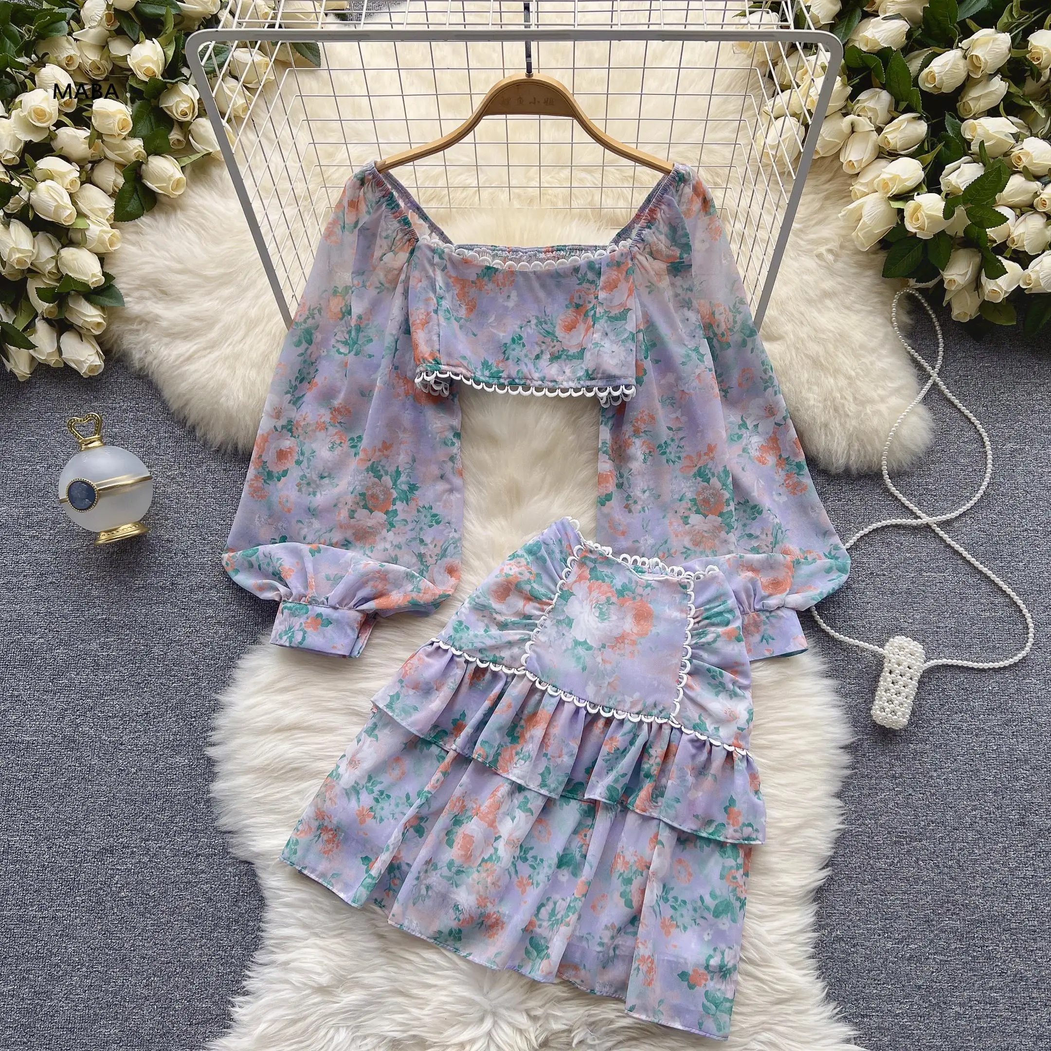 

Bohemian Skirt Two Piece Set Women 2022 Summer Vintage Print Lantern Sleeve Crop Top + Ruffled Mini Skirt Elegant Party Set 2022