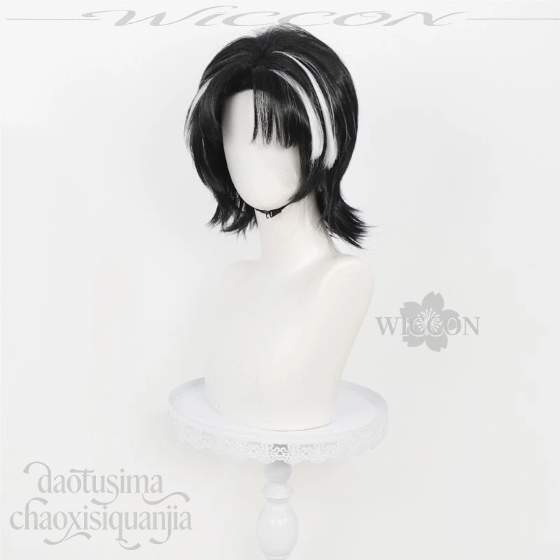 Фото Короткий черный парик Handsome Rien Cos Hair Limbus Company с белыми прядями, синтетический парик для костюма на Хэллоуин №5