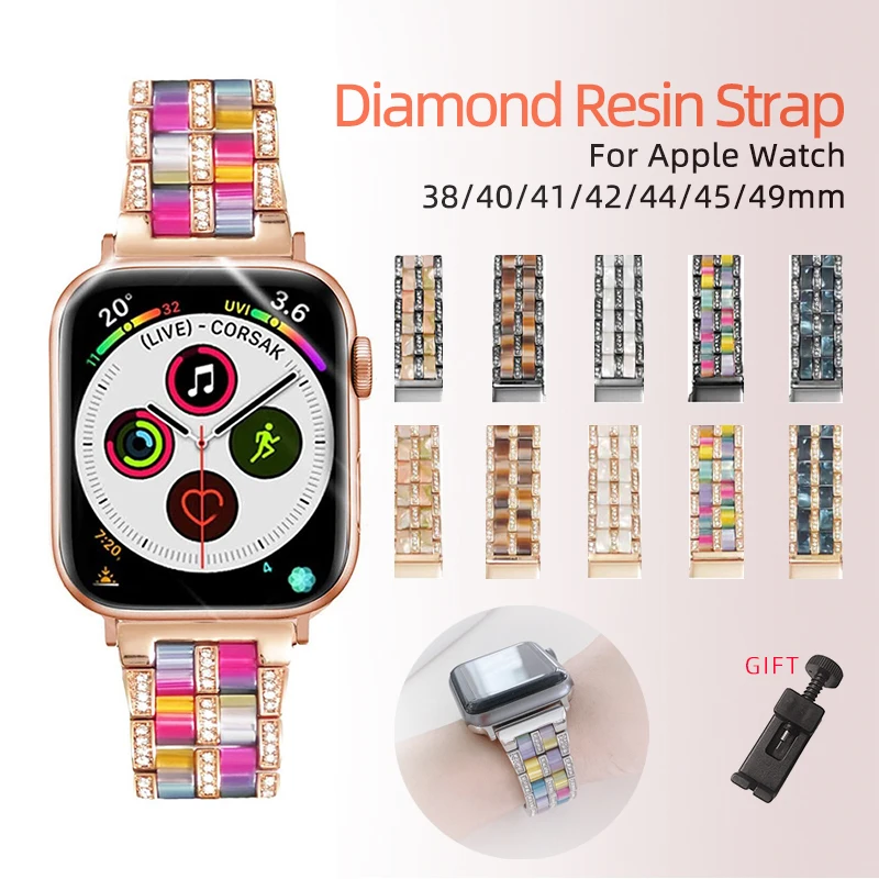 

Alloy Resin Strap for Apple Watch Band Series 8 Ultra 49mm 7 6 SE 5 Steel Metal Women Bracelet for Iwatch 41 45mm 40 44 42 38mm