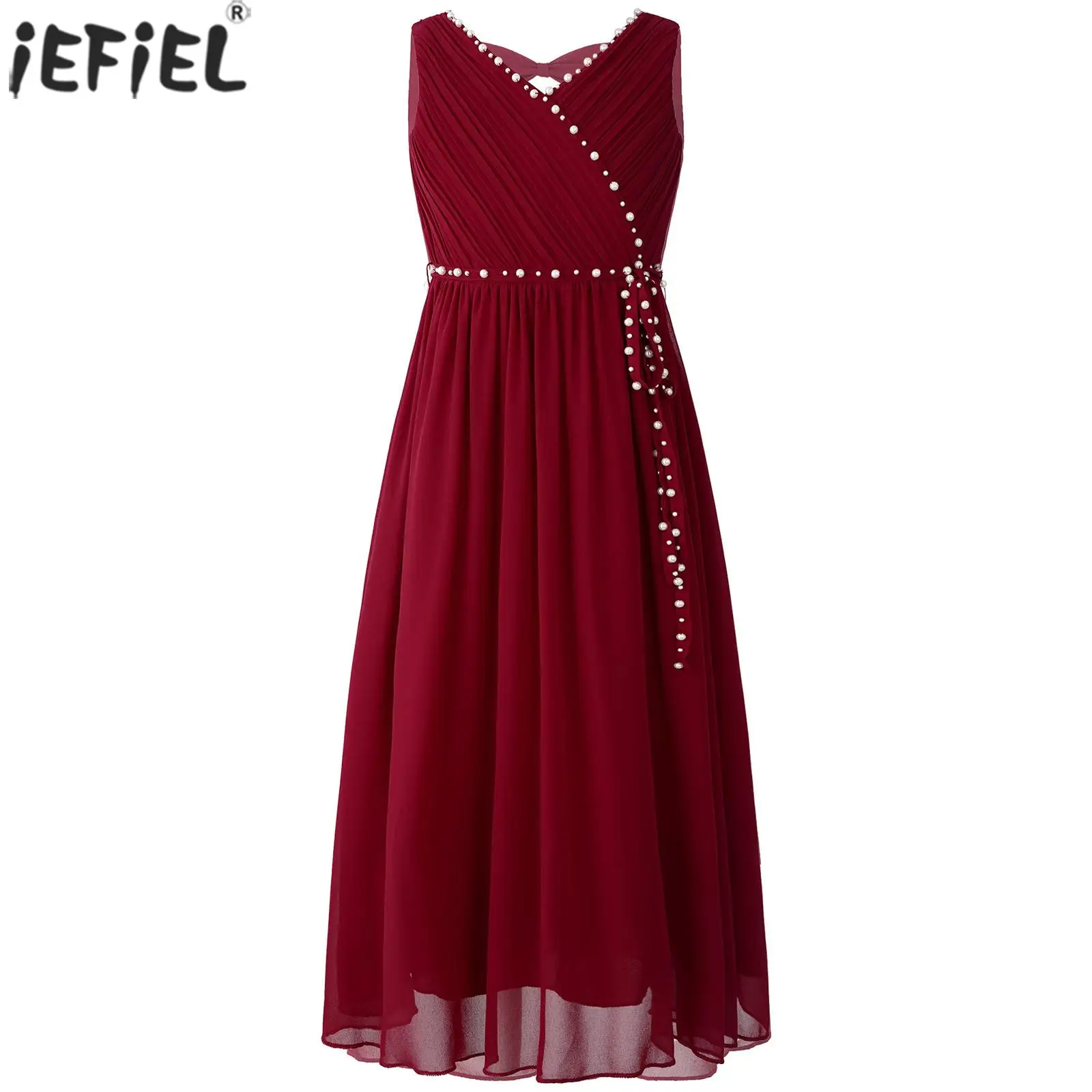 

Kid Girls Elegant Beaded Chiffon Dress Wedding Birthday Party Dresses Sleeveless Bow Cut-out Princess Dress with Detachable Sash