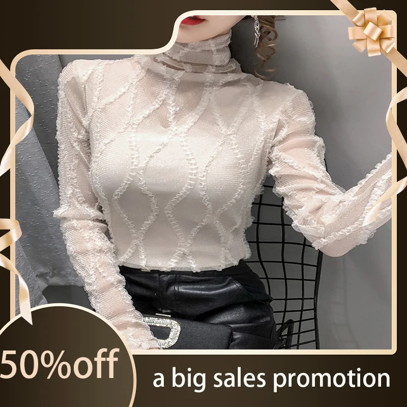 

Осень-зима 2022 Новинка корейская модная Кружевная футболка женское универсальное Сетчатое нижнее пальто с высоким воротником и длинным рук...