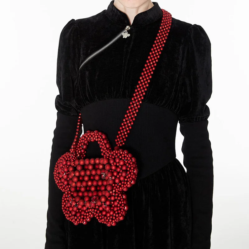 Flower Shape Portable Beaded Bag Red Hollowed Out Design Wide Shoulder Top Quality Luxury Brand Hand-woven Red Crossbody Bag