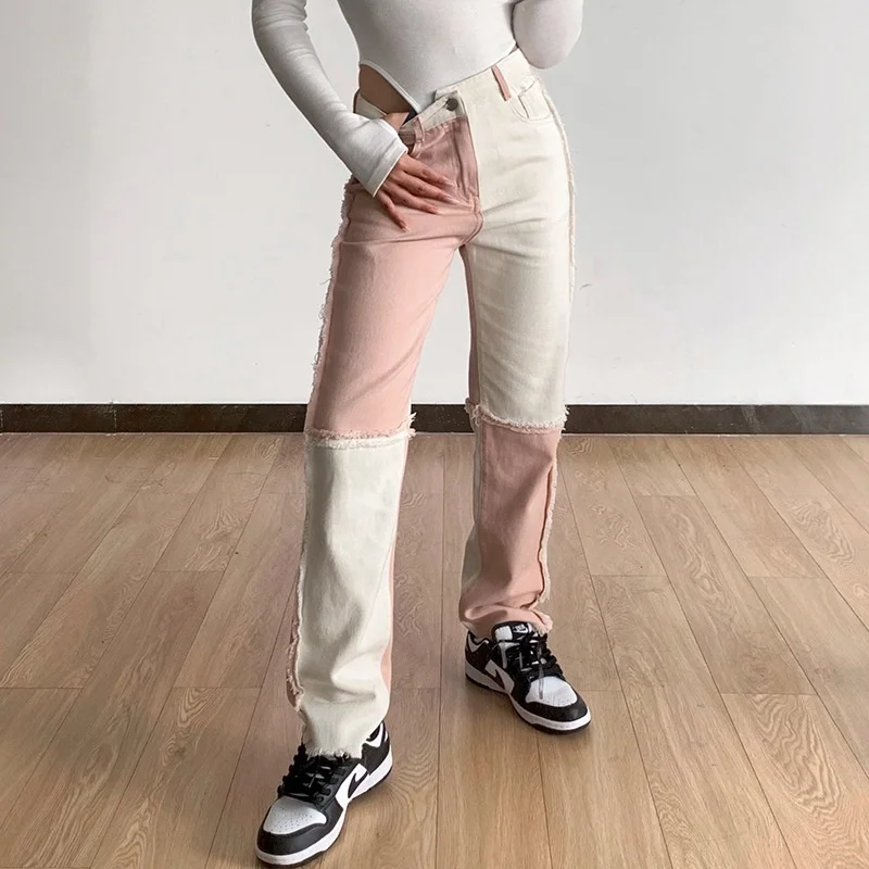 Loose Fit High Waist Color Block Patchwork Ladies Matching Jeans Pants Straight Tube High Waist Women's Pants Skinny Jeans