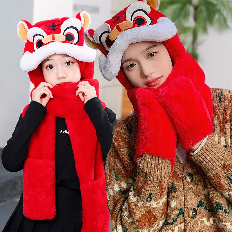 

2022 Winter New Lion Dance Head Hat and Scarf All In One Cute Parent-Child Gloves Thick Plush Warm Christmas Gift Good Luck