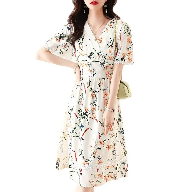 

Женское винтажное шифоновое платье миди, элегантное Плиссированное кружевное платье-трапеция с коротким рукавом, V-образным вырезом и цветочным принтом, лето 2023