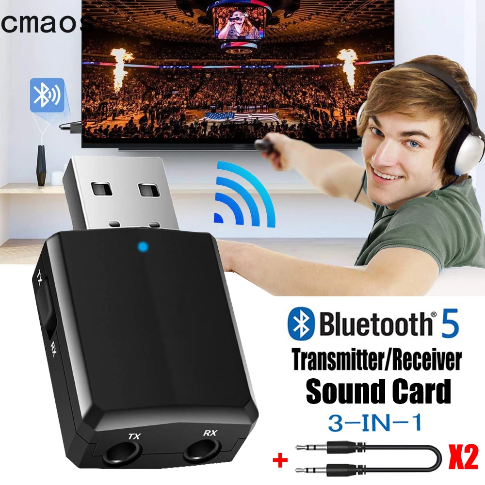 

CMAOS USB Bluetooth 5.0 Transmitter Receiver 3 in 1 EDR Adapter Dongle 3.5mm AUX for TV PC Headphones Home Stereo Car HIFI Audio
