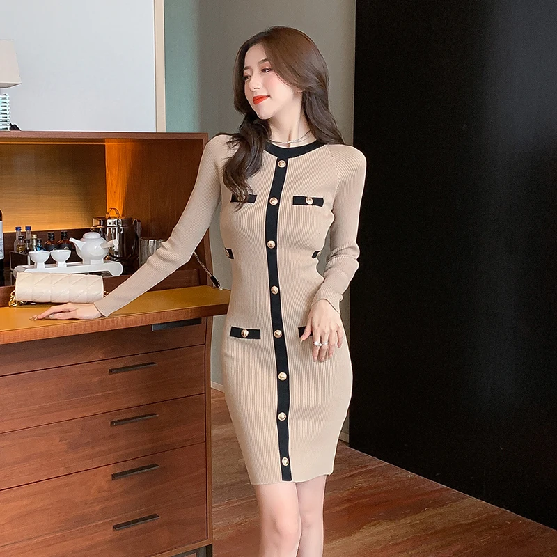 

Women Knitted Pencil Dress Korean Long Sleeve O Neck Elastic Slim Dress Autumn Winter Sexy Bodycon Warm Sweater Dress