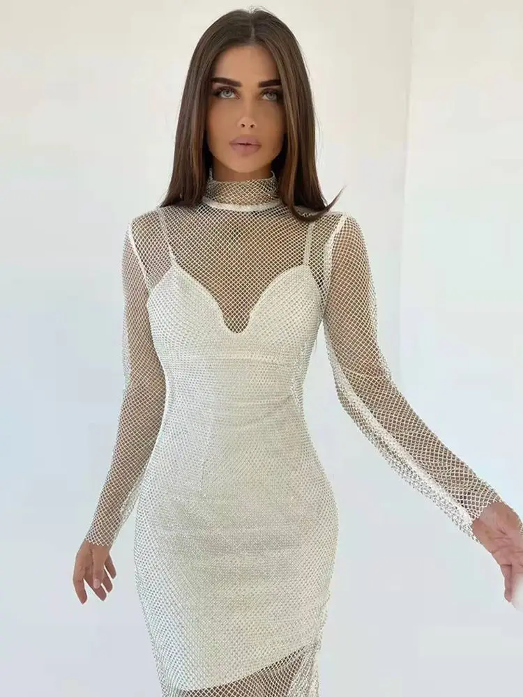 Соблазнительное черное Сетчатое Бандажное платье из 2 частей с бриллиантами